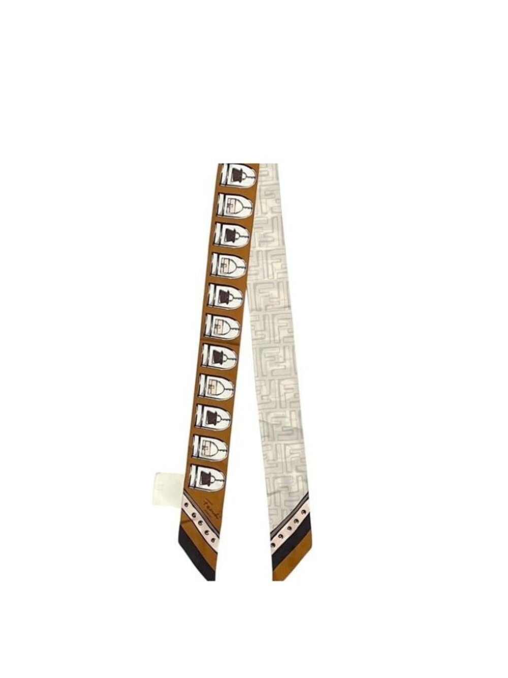 Fendi Scarf Rappy Zucca Italy Silk Brown Ribbon Mamma Pattern